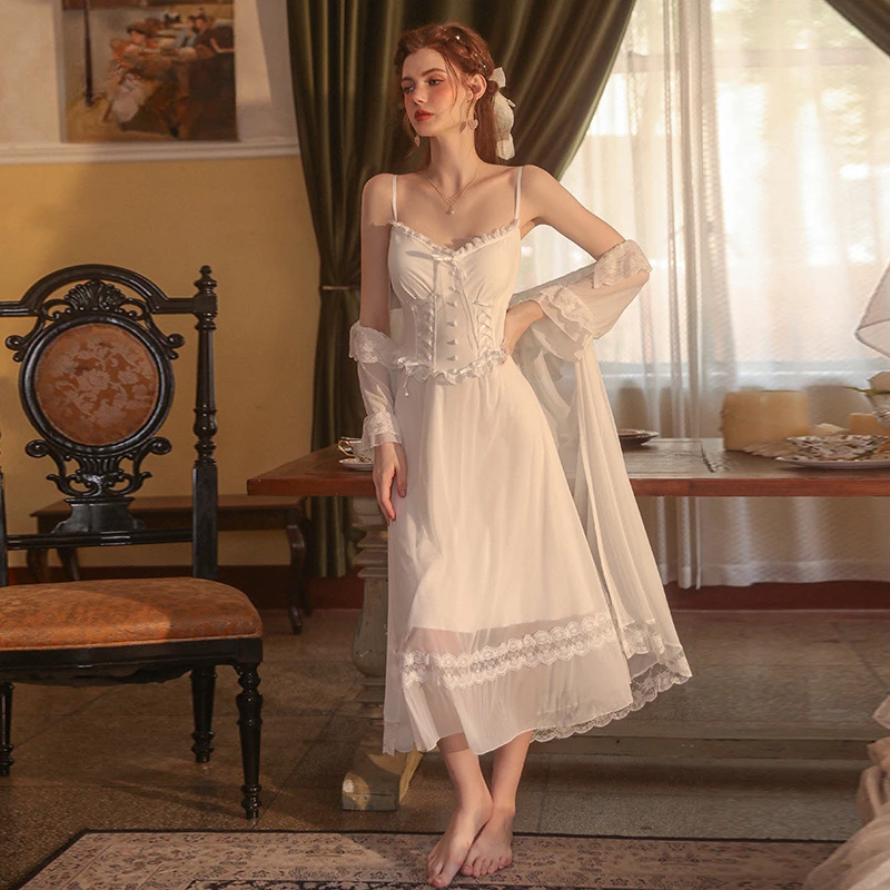 

Пикантная кружевная сетчатая ночная рубашка с V-образным вырезом, комплект из двух предметов, весенний белый винтажный халат, длинный халат, пеньюар для принцессы, спальное платье