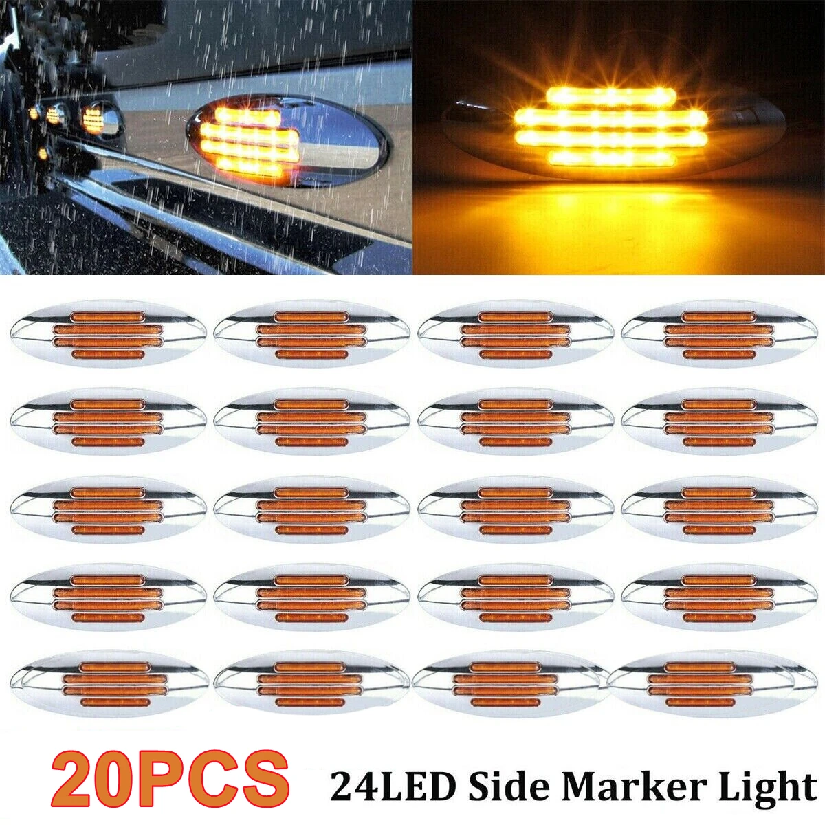 

20PCS Амбер боковой маркировочный светильник 12v светодиодный прицеп грузовой автомобиль боковой свет зазор 24 светодиодное хромирование Freightliner 12v