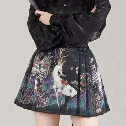 

Horse-Face Skirt Chinese Style Improved Ming Dynasty Exquisite Printed Women High Waist All-Match Pleated Mini Horse-Face Skirt