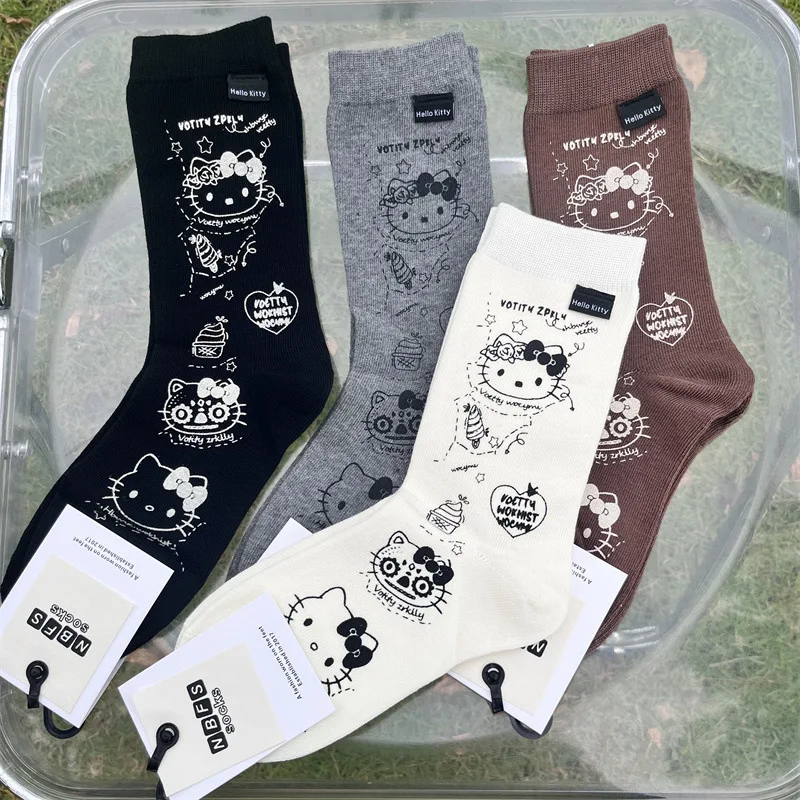 Sanrios Anime Hello Kitty Socks Kawaii All Seasons Ventilation Comfortable Cotton Socks Cute Wear-Resisting Girl Leisure