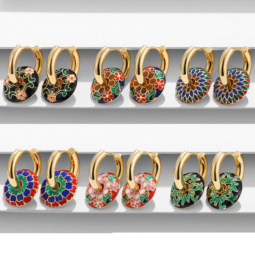 Vintage Colorful Flower Painted Enamel Round Circle Loop Earrings for Women Stainless Steel Chunky Hoop Earrings Gift