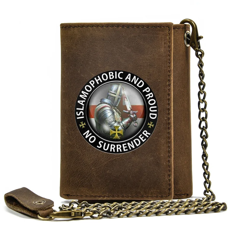 

Genuine Leather Men Wallet Anti Theft Hasp With Iron Chain Knights Templar No Surrender Cover Card Holder Rfid Short Purse
