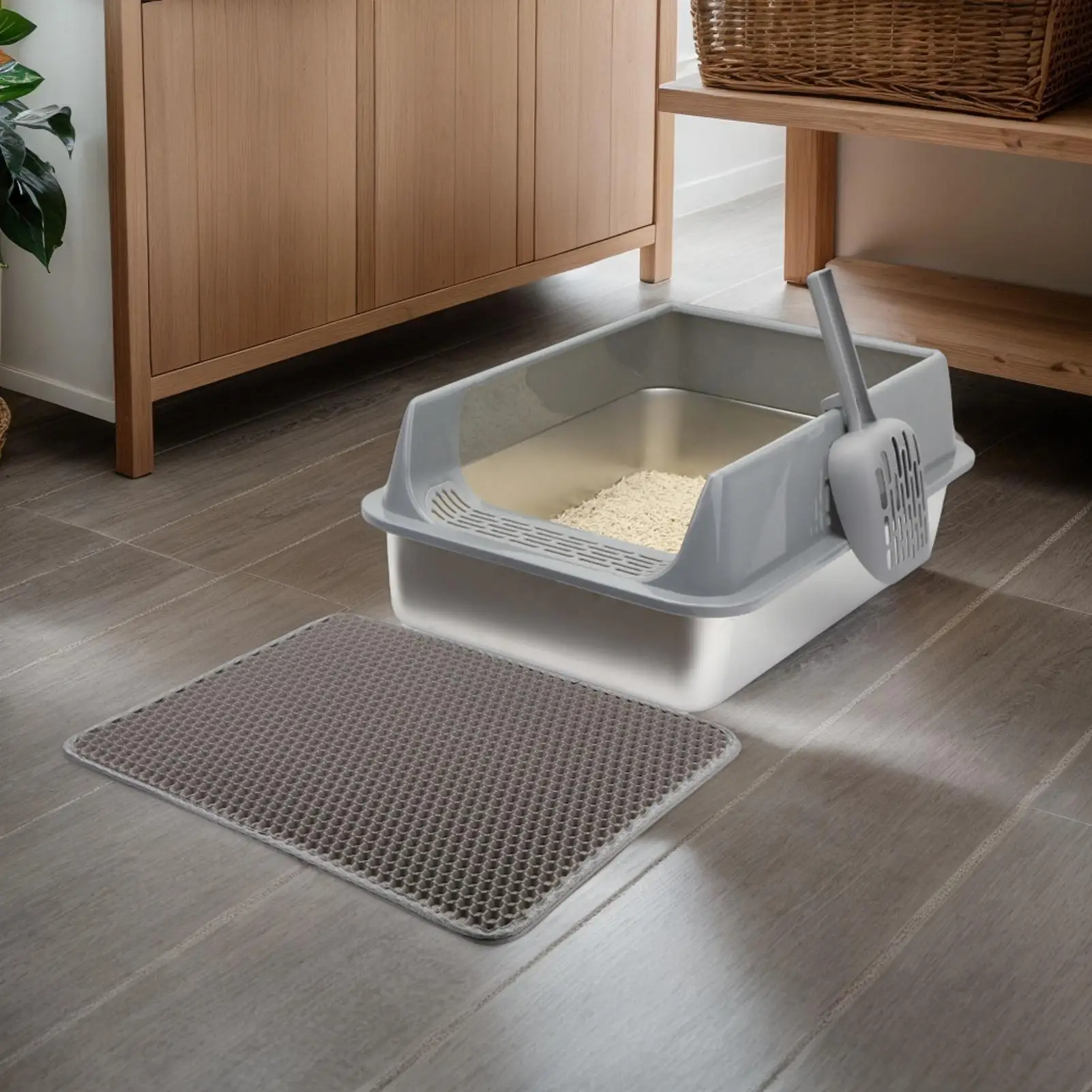 Cat Litter Box Semi-enclosed Splashproof Easy Clean Semi Enclosed Cat Toilet with Scoop Cat Toilet Cleaning Basin Tray Supplies