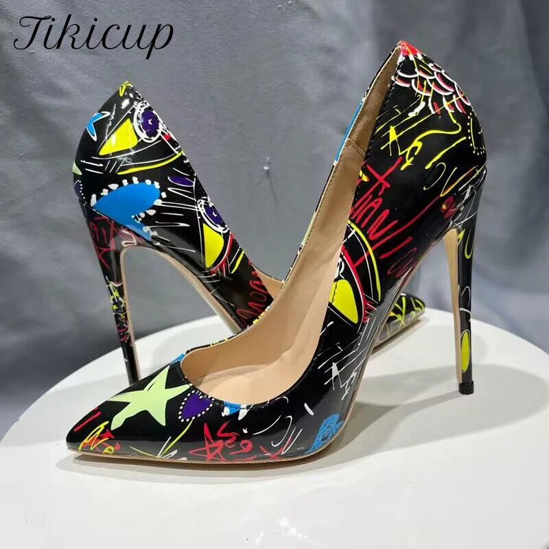 

Tikicup Black Patent Graffiti 12cm High Heels Women Sexy Pointy Toe Stilettos Pumps Ladies Designer Slip On Shoes Plus Size 46