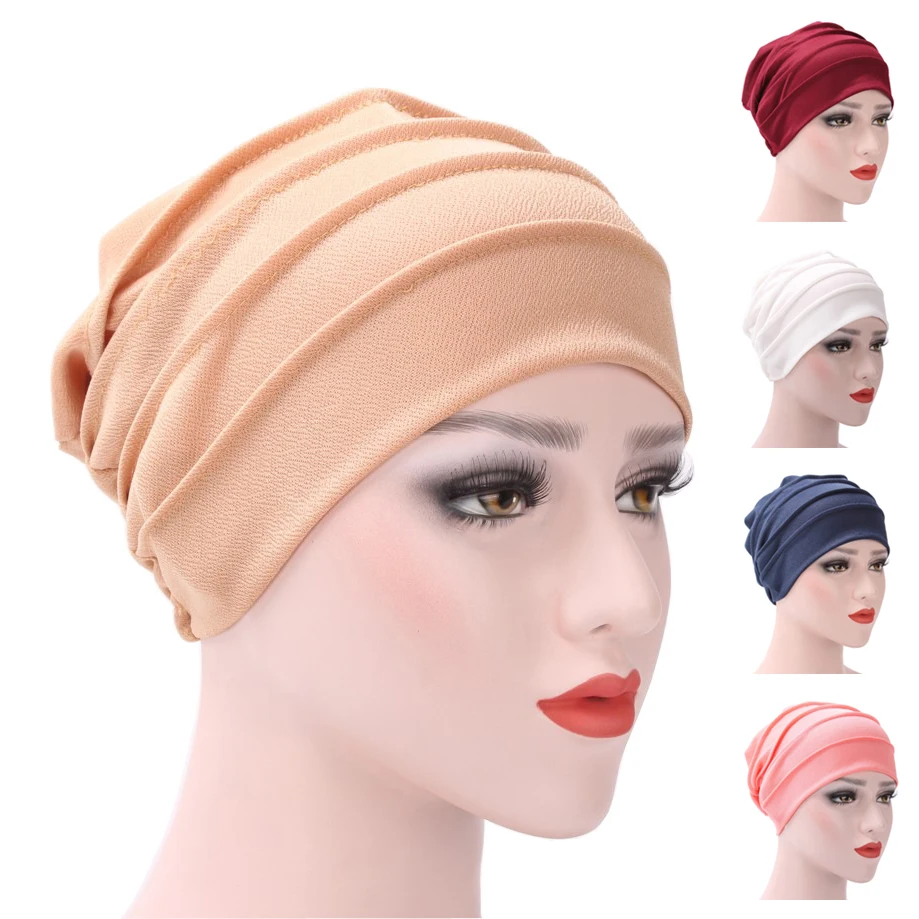 

Solid Color Simple Bottoming Hat Women Satin Hijab Head Wrap Cap Muslim Turban Bandana Pullover Hat