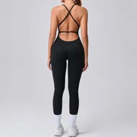 Cross Backless Bodycon Sport Jumpsuit Women Sexy Monkeys One Piece Outfit Sleeveless Sling Gym Fitness Overalls Yoga Set Black