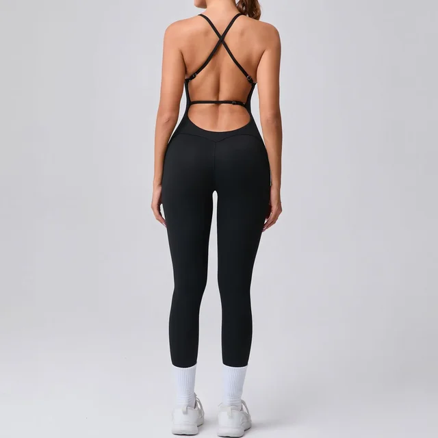 Cross Backless Bodycon Sport Jumpsuit Women Sexy Monkeys One Piece Outfit Sleeveless Sling Gym Fitness Overalls Yoga Set Black
