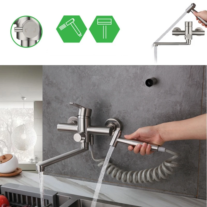 Stainless Steel Kitchen Faucet Brushed Extension Faucet 2 Functions Wall Mounted Bathtub Mixing Valve Shower Faucet Hand Spray