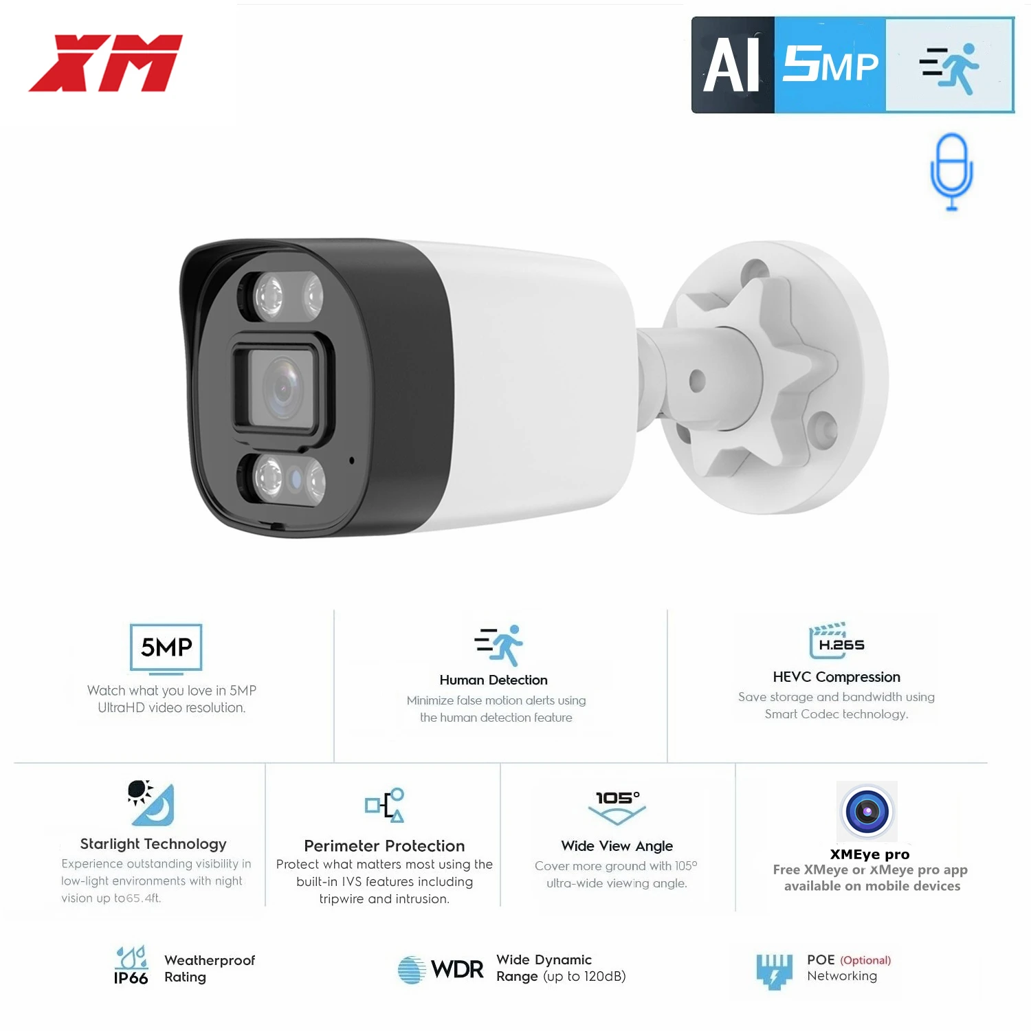 XM 5Mp AI Ip Camera Poe Cctv Security Camera H.265+ Outdoor Waterproof Audio Video Surveillance For Nvr System Xmeyepro 1
