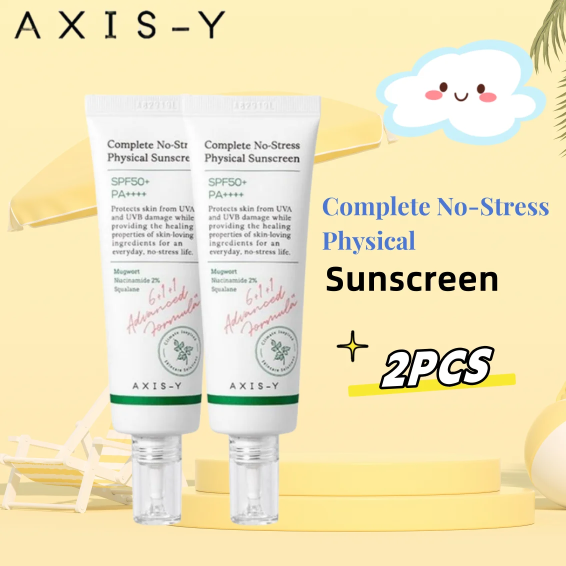 

2PCS AXIS-Y Complete No-Stress Physical Sunscreen SPF50+ UV Protection Anti-aging No Greasy For Acne Oily Skin Types 50ml