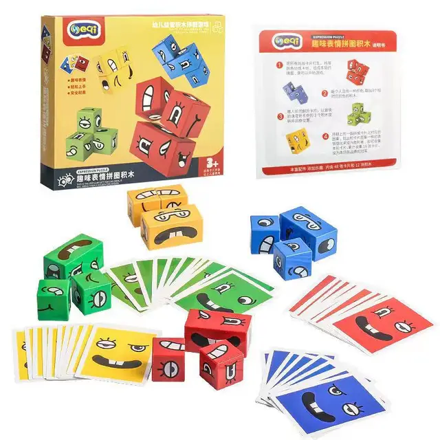 Children's Cube Table Games Educational Toys Face Blocks Cube Building Block Puzzle Interactive Game Challenge Learn Emoticon 3