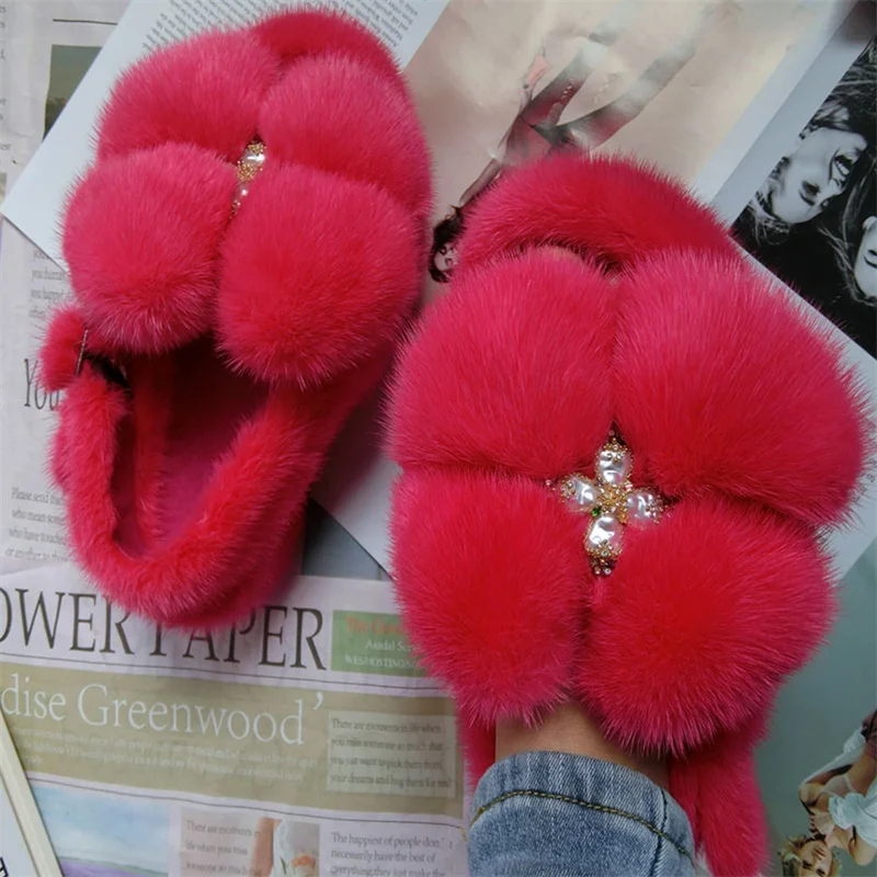 Fur Slippers Women's New Big Flower Fashion Mink Fur Sandals High Quality Outdoor Wear Design Fur Slippers