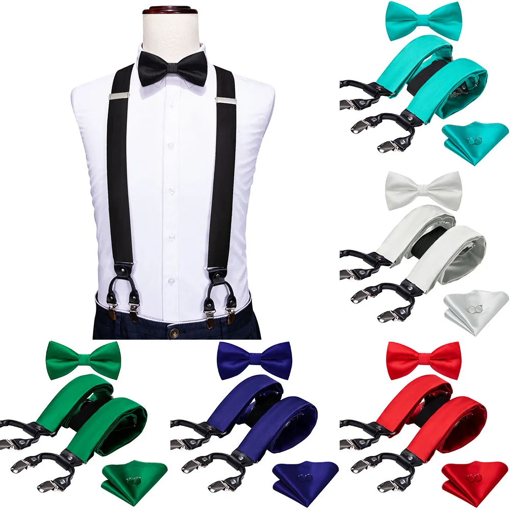 

Fashion Black Men's Suspender For Pants Formal Solid Silk Bowtie Handkerchief Cufflinks Set Party Business Gifts Barry.Wang 2092
