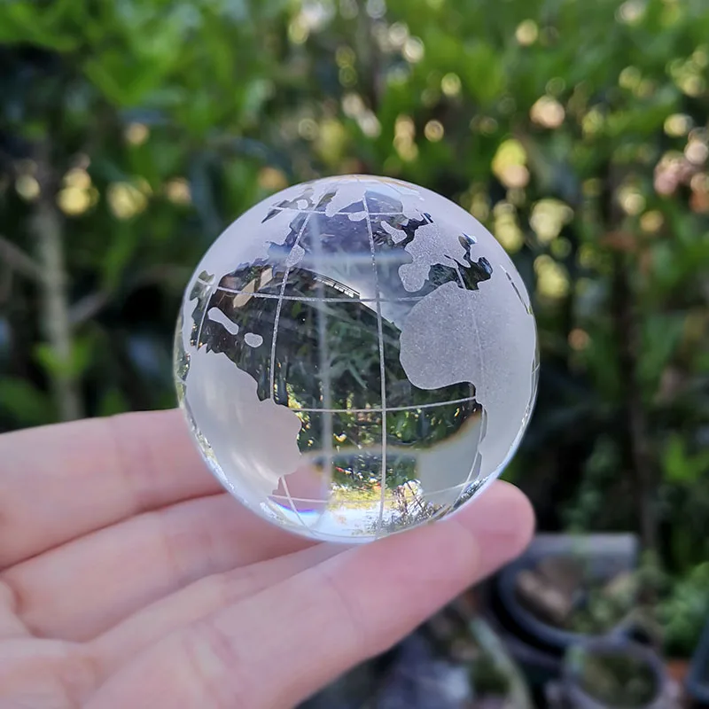 Crystal Clear Earth Globe Glass Ball Paperweight with Stand - Elegant Home Desk Decor and Astronomy Craft Ornament