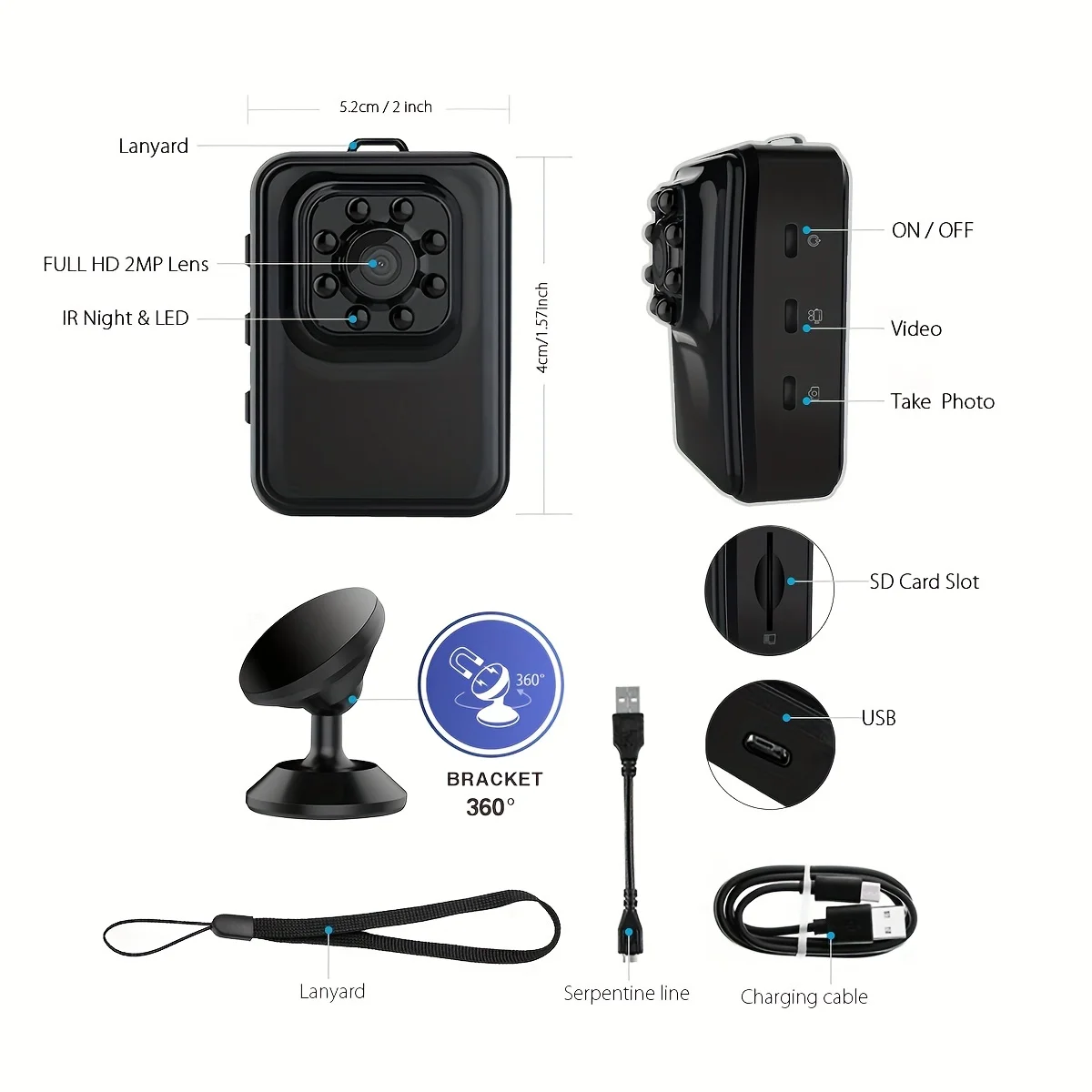 미니 액션 카메라, 휴대용 포켓 카메라, 나이트 비전, 스포츠 DV 비디오 녹음기, USB 충전, 랜야드 포함, 1080P 캠코더