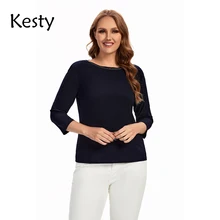 

KESTY Women's Plus Size T-Shirt Spring Cotton 3/4 Sleeve Top with Shiny Silk Round Neck Stretch Loose Top