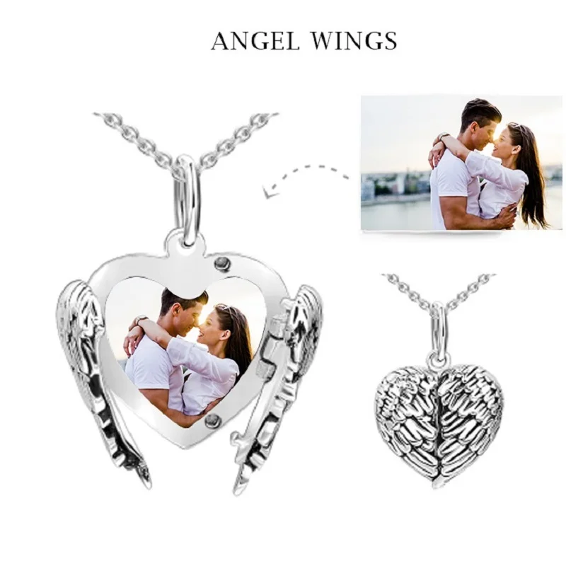 

Custom Photo Angel Wing Heart Necklace Personalized 925 Sterling Silver Name Pendant Engraved Name Necklace Jewelry Family Gift