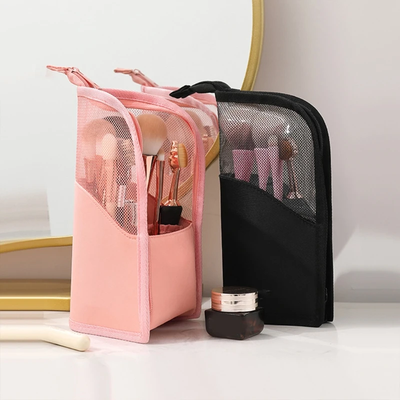 Foldable Makeup Brush Storage Bag Travel Cosmetic Portable Organizer Zipper Makeup Pouch Breathable Brushes Holder Stand-Up Bag