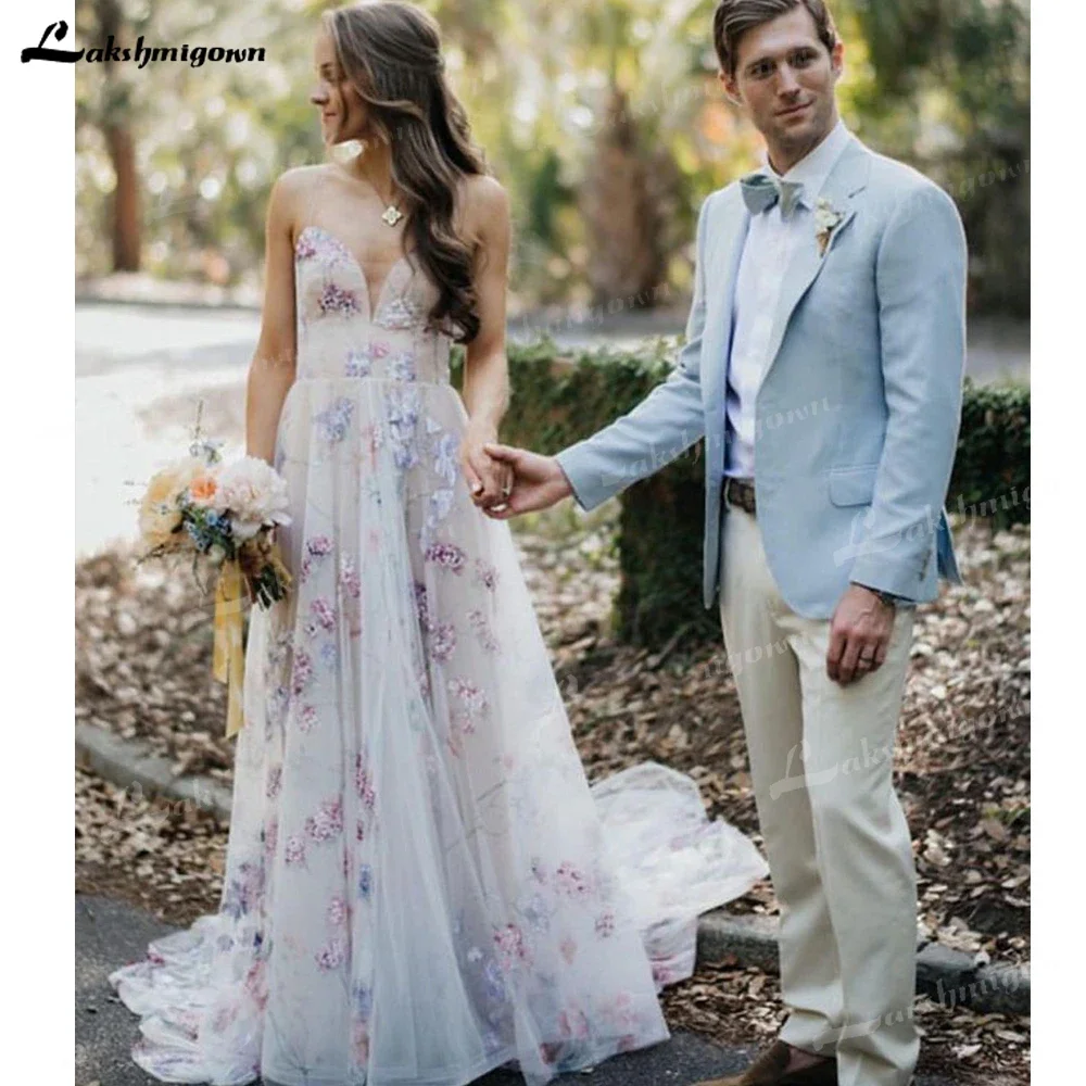 Spaghetti Straps Bohemian Boho Beach Wedding Dress Print Flower Bridal Dress Vestidos De Renda Wedding Gown 1