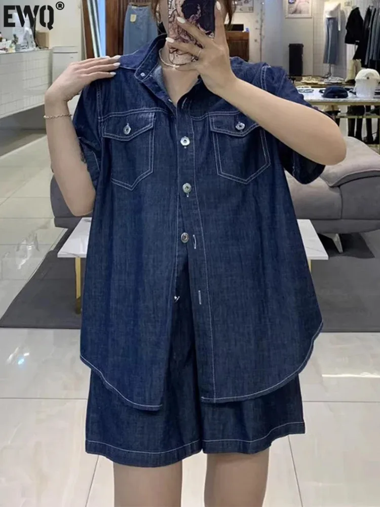 

[EWQ] Women's Double Pocket Short Sleeve Denim Shirt High Waist Rolled Edge Shorts Pant Two Pieces Set 2024 Spring Summer 6U9169