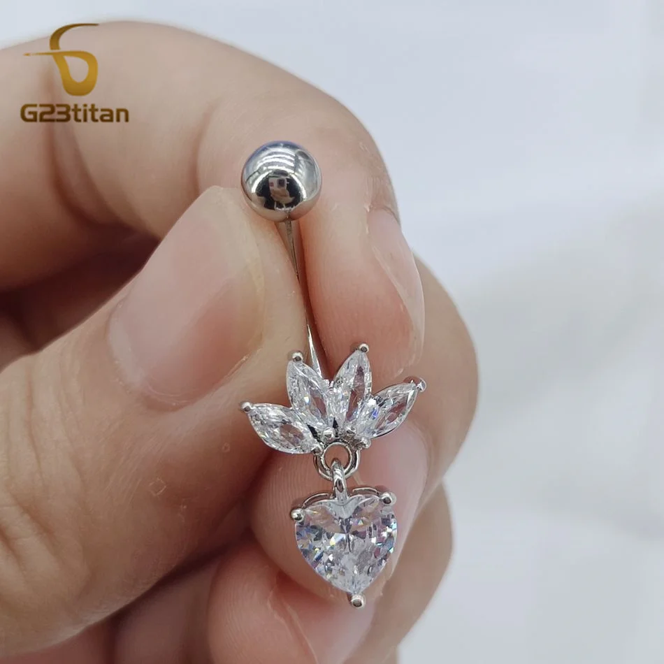 Belly Button Ring Jewelry G23titan Silver Color Lotus Flower Heart Shape Pendant Belly Ring 14G Medical Titanium Curved Barbell Navel Piercing Jewelry