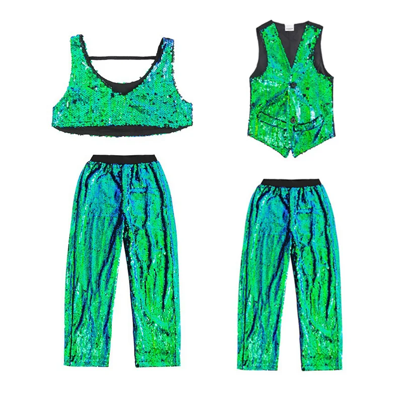 Girl Sequin Crop Tank Top Hip Hop Boys Green Vest Jacket Kids Jazz Shiny Pants Clothes Set Child Street Dance Stage Costume