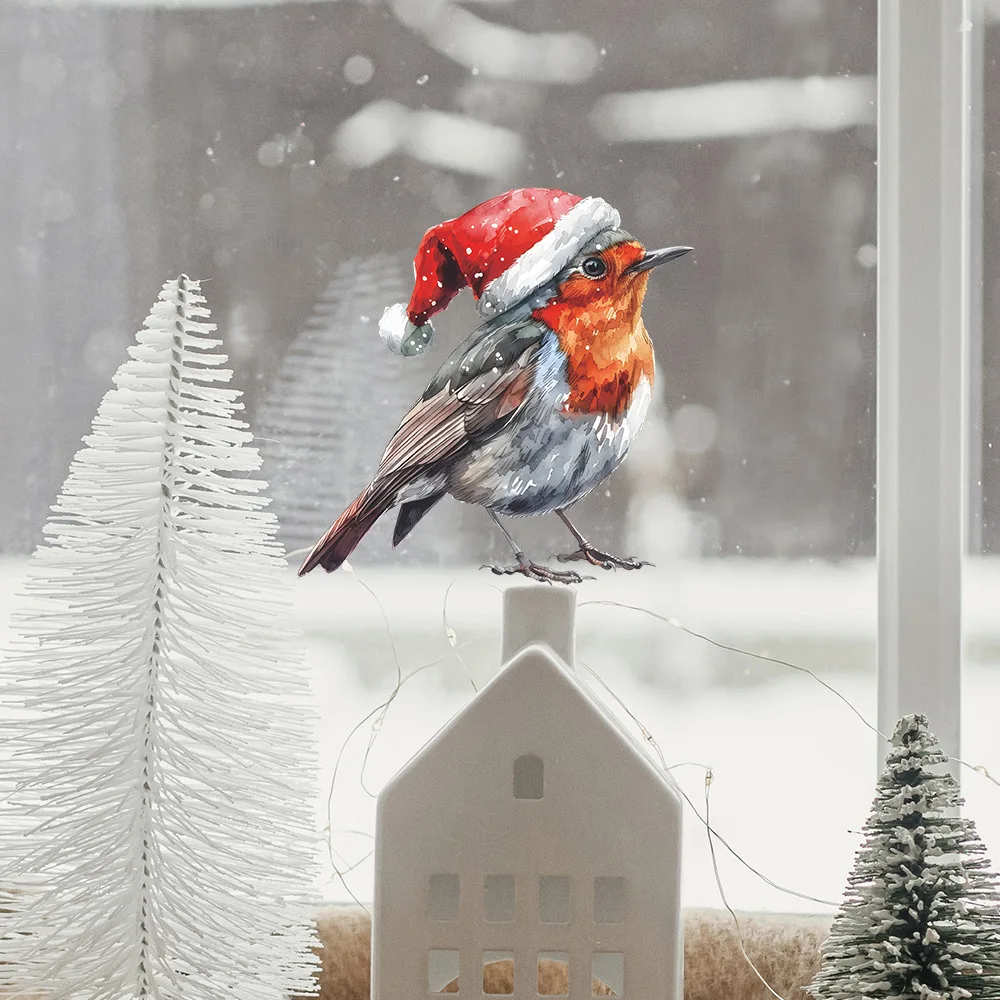 Christmas hat Robin Bird Wall Sticker Bathroom Living Room Background Decorations Wallpaper Creative Animals Stickers Room Decor