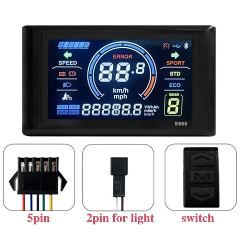 E-Bike LCD-S966 Color Display Control Panel 5+2Pin SM Plug for UART Communication Protocol 24V 36V 48V-72V E-Scooter E-Bicycle