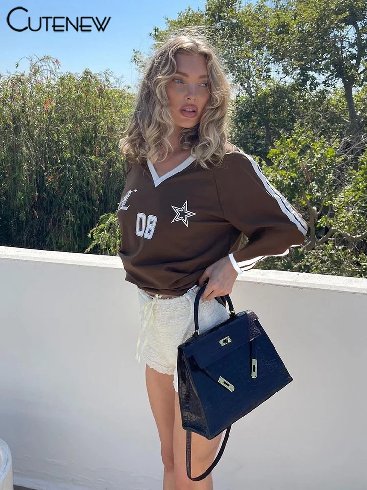 Football Track Women T-shirts Autumn Printed Striped Long Sleeve V-neck Oversized Tops Female Active Casual Streetwear