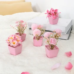 Set of 5 Mini Pink Artificial Flower Pots - 5PCS (Pink)