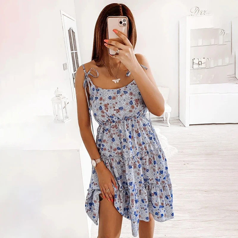 

Elegant Spaghetti Strap Floral Print Ruffle Lace Up A-line Party Dresses Summer Boho Mini Dress New In Dresses Holiday Vestido