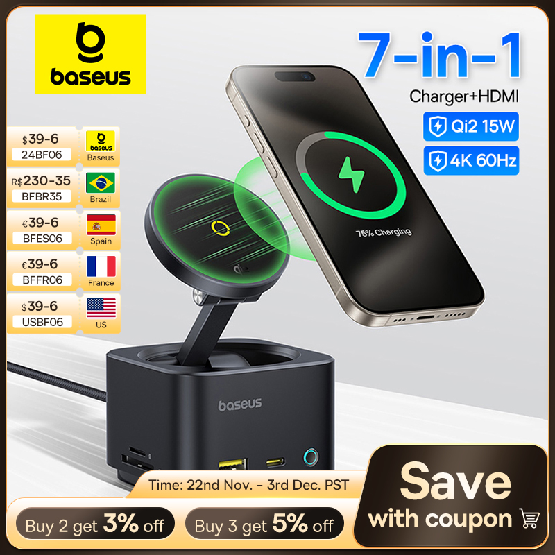 Baseus Magnetic Wireless Charger for iPhone 16 15 Pro Max Qi2 15W for MagSafe Fast PD USB Hub 4K 60Hz USB3.1 SD TF Phone Charger