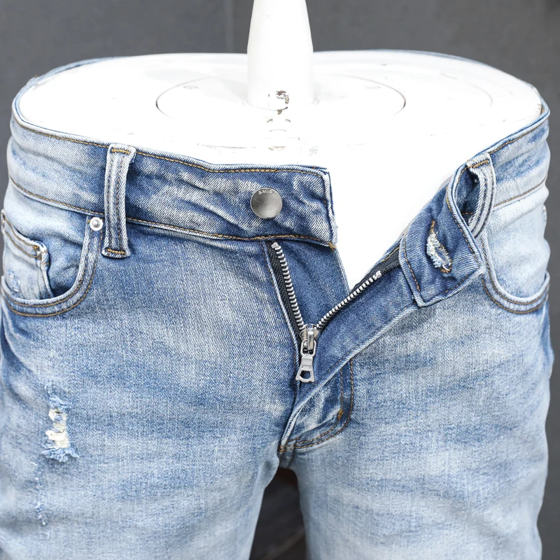 High Street Fashion Men Jeans Retro Light Blue Plain Washed Stretch Skinny Ripped Jeans Men Vintage Designer Brand Pants Hombre