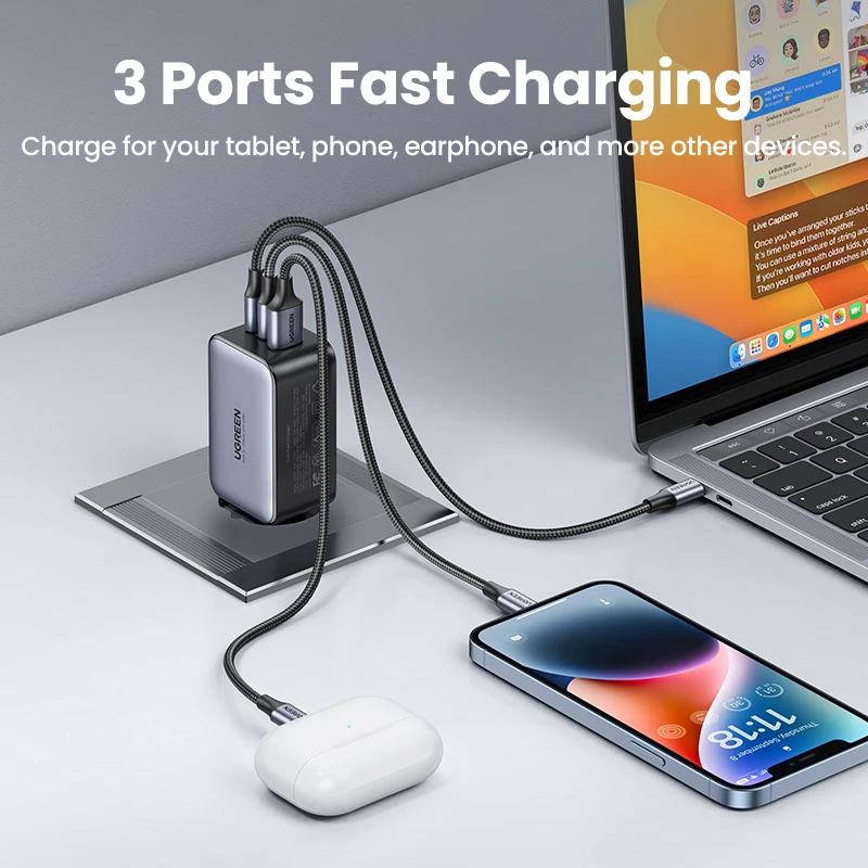 UGREEN Nexode Chargeur 65W USB C Rapide 3 Ports avec GaN Tech Compatible  avec iPhone 15