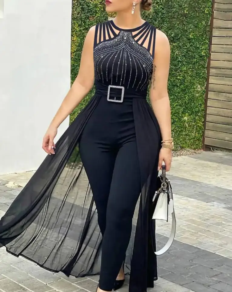 Women Jumpsuit 2024 Summer Rhinestone Hollow Out Sheer Mesh Sleeveless Jumpsuit Round Neck High Waisted Skinny Belt Jumpsuit