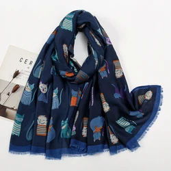 Chic Cat Print Fringed Scarf - Cotton Viscose Shawl (02)
