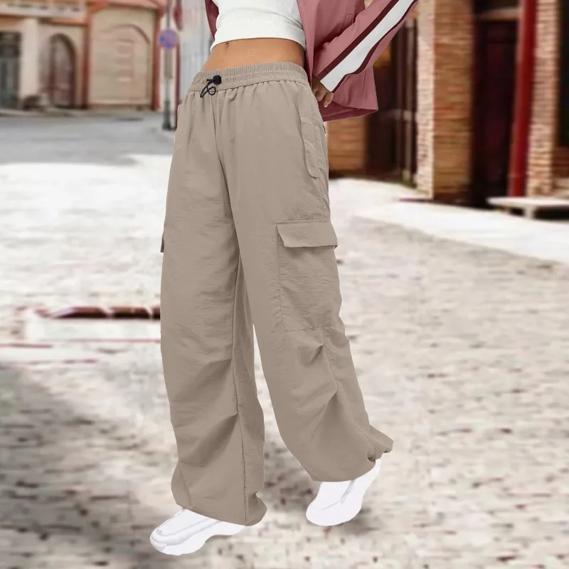 Solid Color Nylon Pocket Loose Cargo Pants Women 2023 Autumn Winter Elastic Waist Straight Leg Trousers Sports Jogger Streetwear
