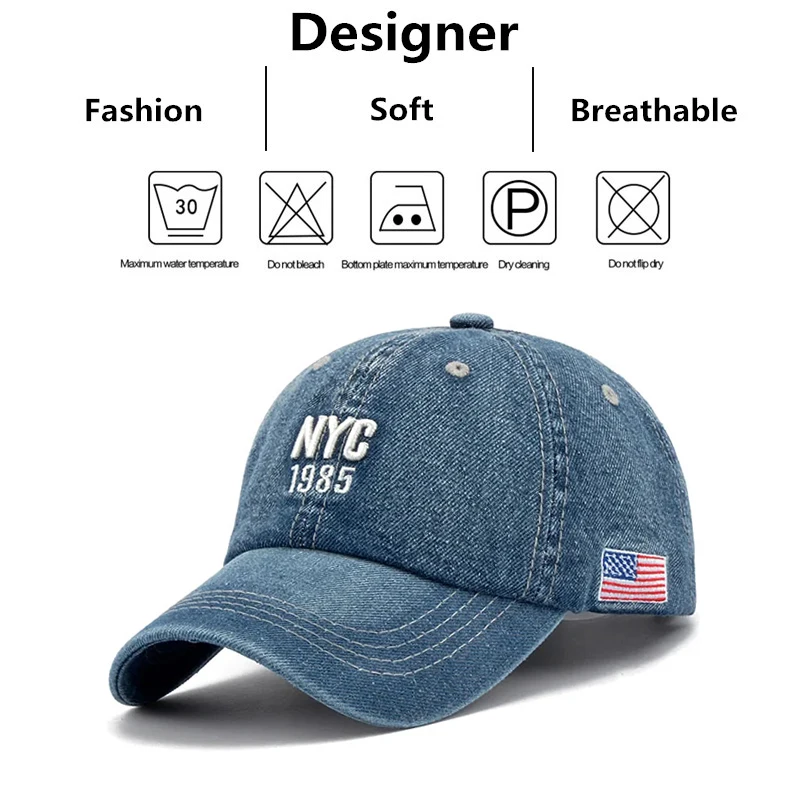 NYC 1985 Embroidery Denim Snapback Baseball Caps Adjustable Outdoor Casual Adult Wash Sports Golf Sun Hats