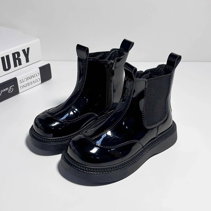 Kids Fashion Ankle Boots for Boys Girls Unisex Glossy PU Leather Rubber Boots Classic Chelsea Boots 2025 Autumn Winter Brand New