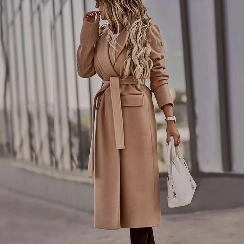  Loose Lapel Cardigan Long Sleeve Mid-length Jacket Streetwear Women's Solid Color Casual Lace Up Slim Woolen Coat Jackets