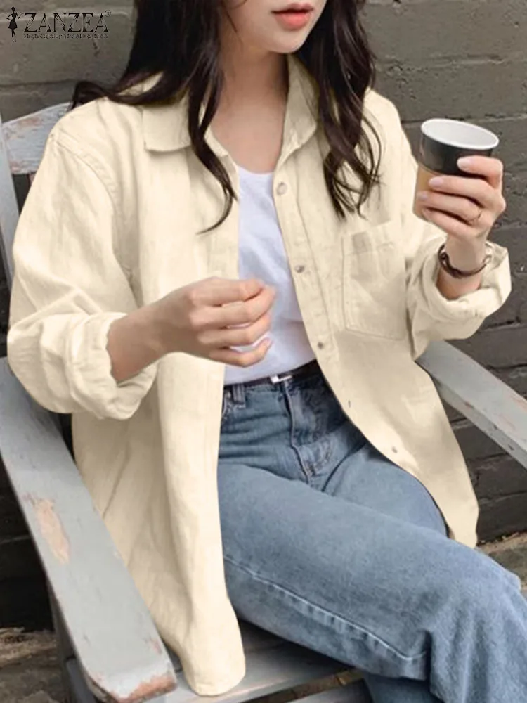 

Весна 2024, универсальная рубашка ZANZEA, корейская модная рубашка, тонкие пальто, женская Повседневная рубашка с длинным рукавом в стиле ретро, топы, Повседневная Туника с карманами