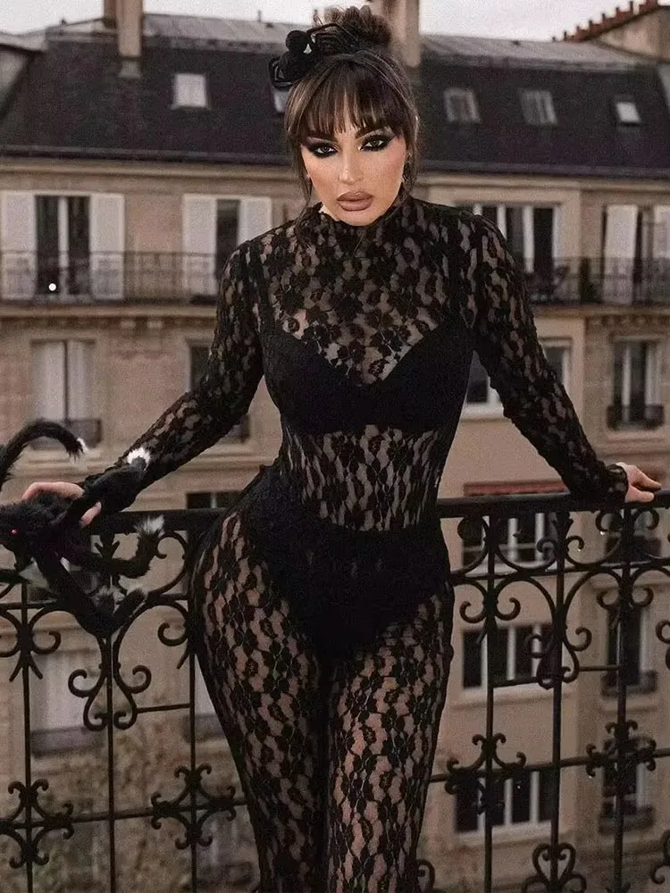 HH Womens Lace Pants Sets Slim Jumpsuits Top + High Waist Trousers Sexy Lady Floral Lace Translucent Y2k Bodysuit Suits