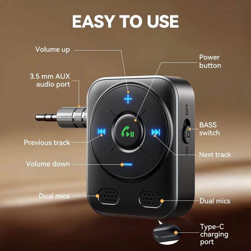 bluetooth transceiver adapter bluetooth aux adaptor bluetooth audio receiver bluetooth adapter audio adapter Joyroom Bluetooth 5.4 Car Adapter AUX Receiver Stronger Dual Mics & Noise Cancellation Auxiliary Input Car Kit Wireless Receiver