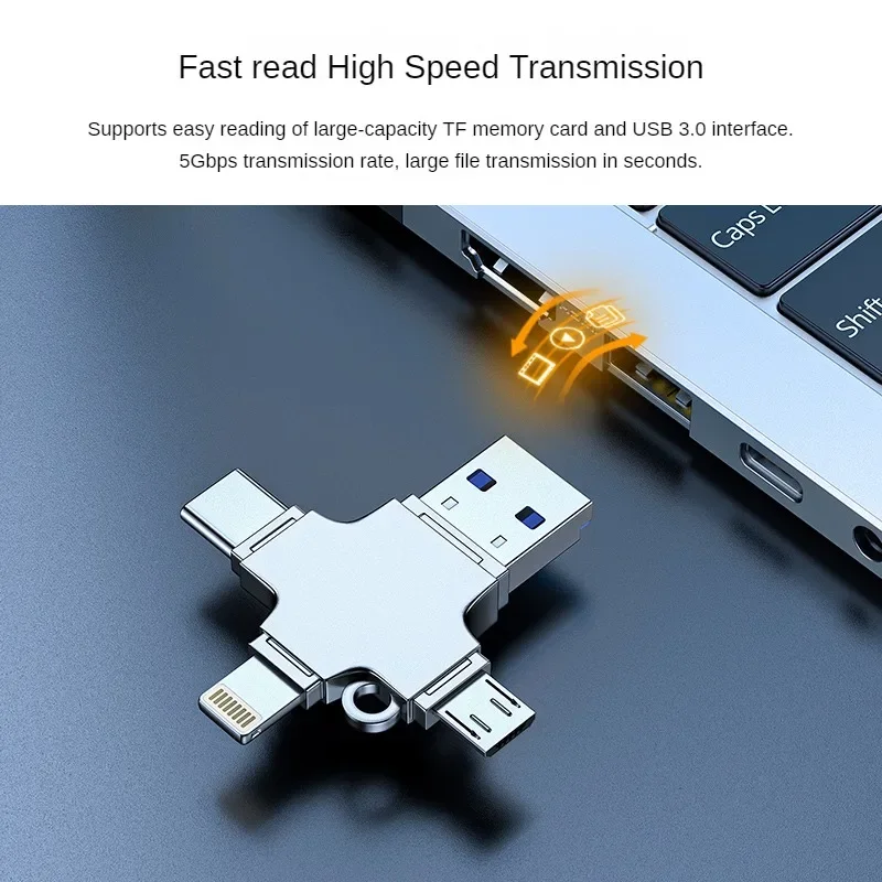 4-in-1 USB 3.0 TF 카드 리더, 아이폰 안드로이드 PC용 라이트닝/타입-C/마이크로 USB 어댑터