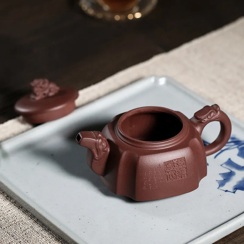 Handmade Chinese Kongfu Tea Pots, Dragon Head Four Square Tea Set , Zisha Segment Mud Flat Yixing Purply Clay Teapot, 300ml, 1Pc