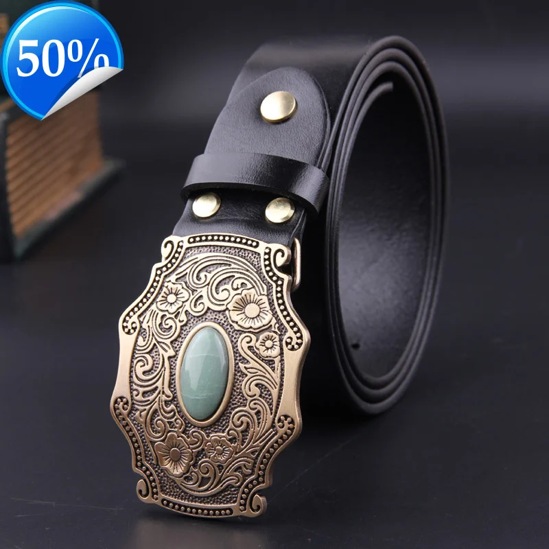 

3.8CM Male Top Cowskin Genuine Leather Belts For Men Copper Buckle Tang Grass Grain Inlaid Jade Brass