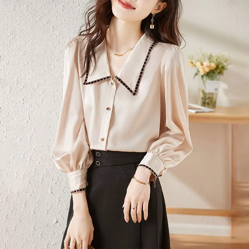 Office Lady Peter Pan Collar Blouse Solid Color Spring Autumn Bright Line Decoration Women's Clothing Folds Chic Button Blouse