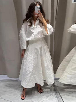 Camicia elegante Gonna Set Donna Risvolto Manica lunga T-shirt ampia Vita alta Gonne lunghe a pieghe Abiti 2025 Autunno Street Lady Sets 1