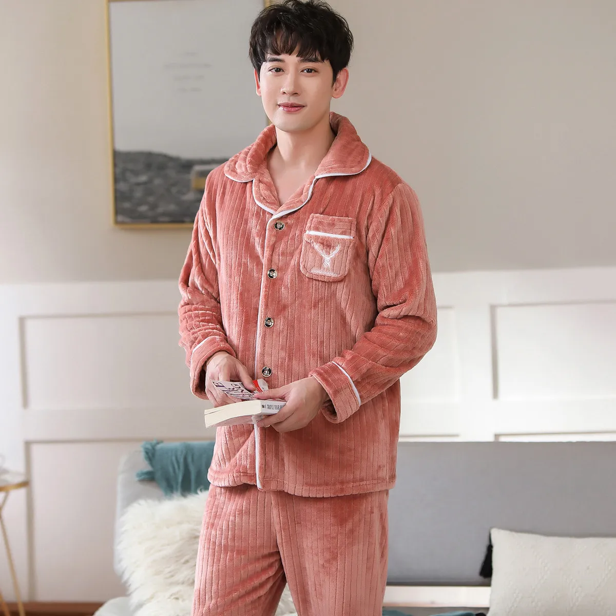 mens brushed cotton pyjamas Lovers Winter Pajamas Couples Flannel Sleepwear Soft Pyjama Sets Nightgown Women Pajamas Sets Long Sleeve Men Lounge Pijamas organic pyjamas Pajama Sets