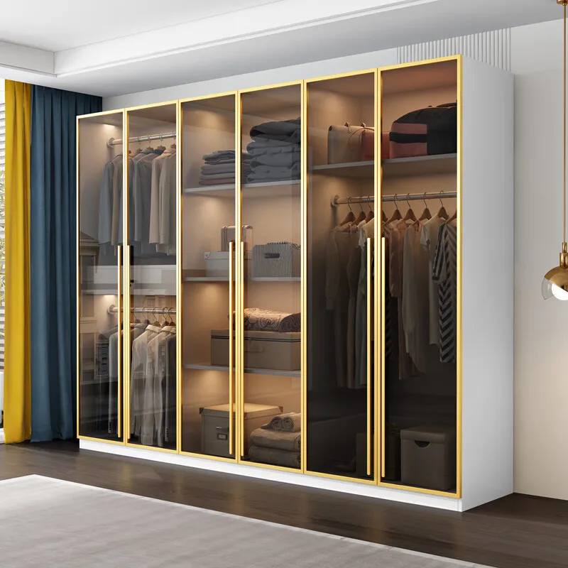 

Solid wood multi layer board glass door wardrobe, simple modern wardrobe combination for household bedrooms, four, five, six doo